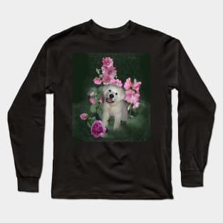 Sweet Puppy and Pink Flowers Long Sleeve T-Shirt